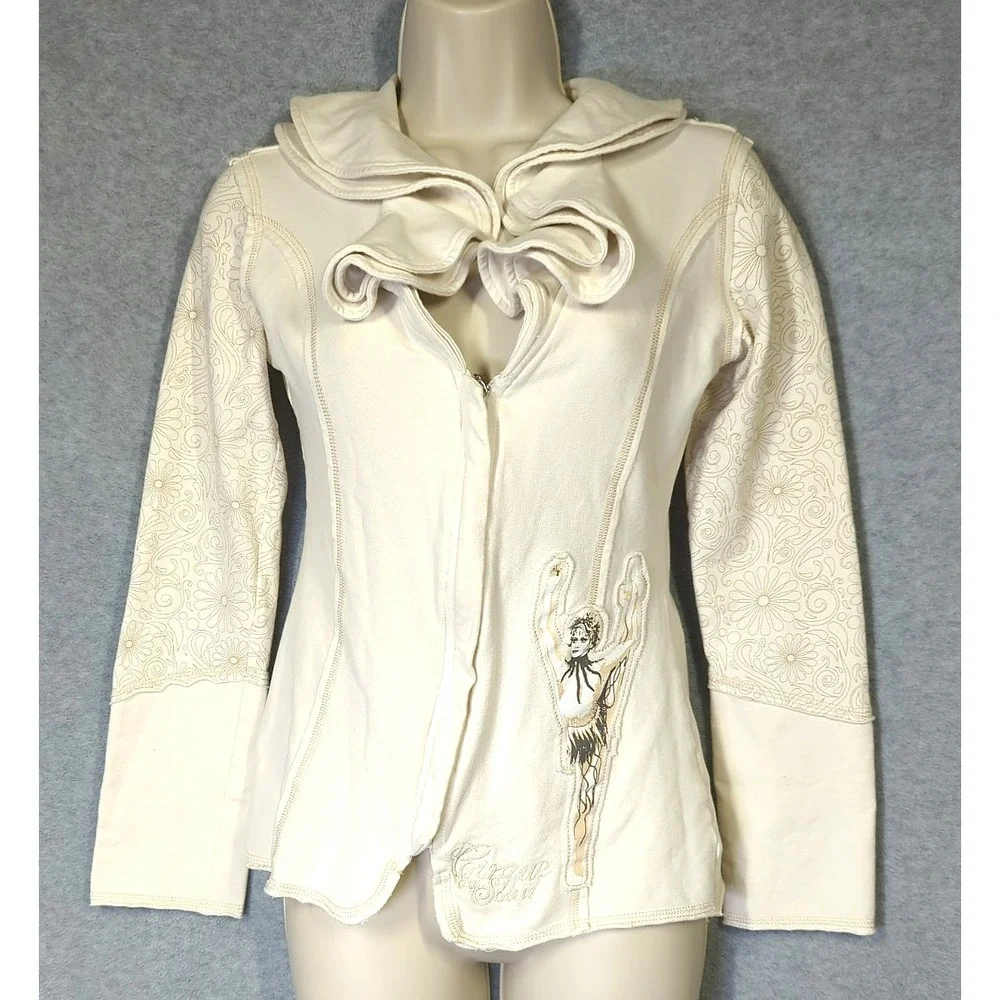 CIRQUE DU SOLEIL Jacket Women XS Front Zip Lg Sleeve Cream Boho Chic  Festival